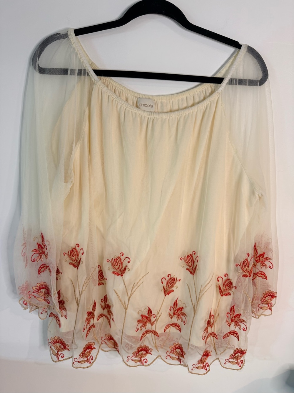 Chicos embroidered scalloped hem blouse cream